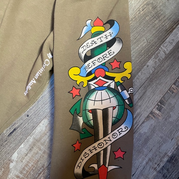 SOLD - Don Ed Hardy hooded sweater 2000s y2k beige graphic hoodie tattoo - Picture 2 of 11